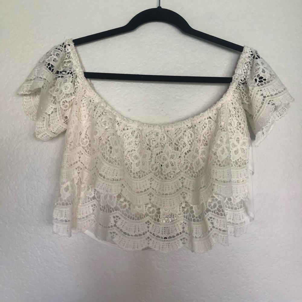 Cropped lace off the shoulder blouse